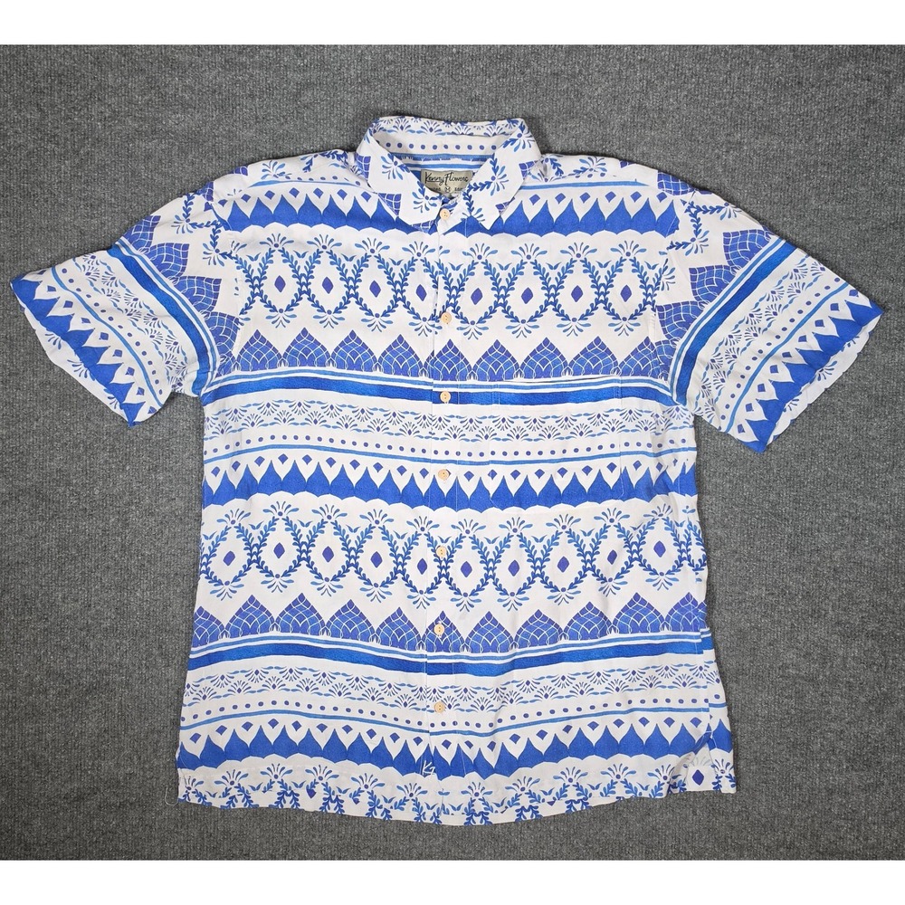 Kenny Flowers Limited Edition Blue White Rayon Shirt Mens M Bali